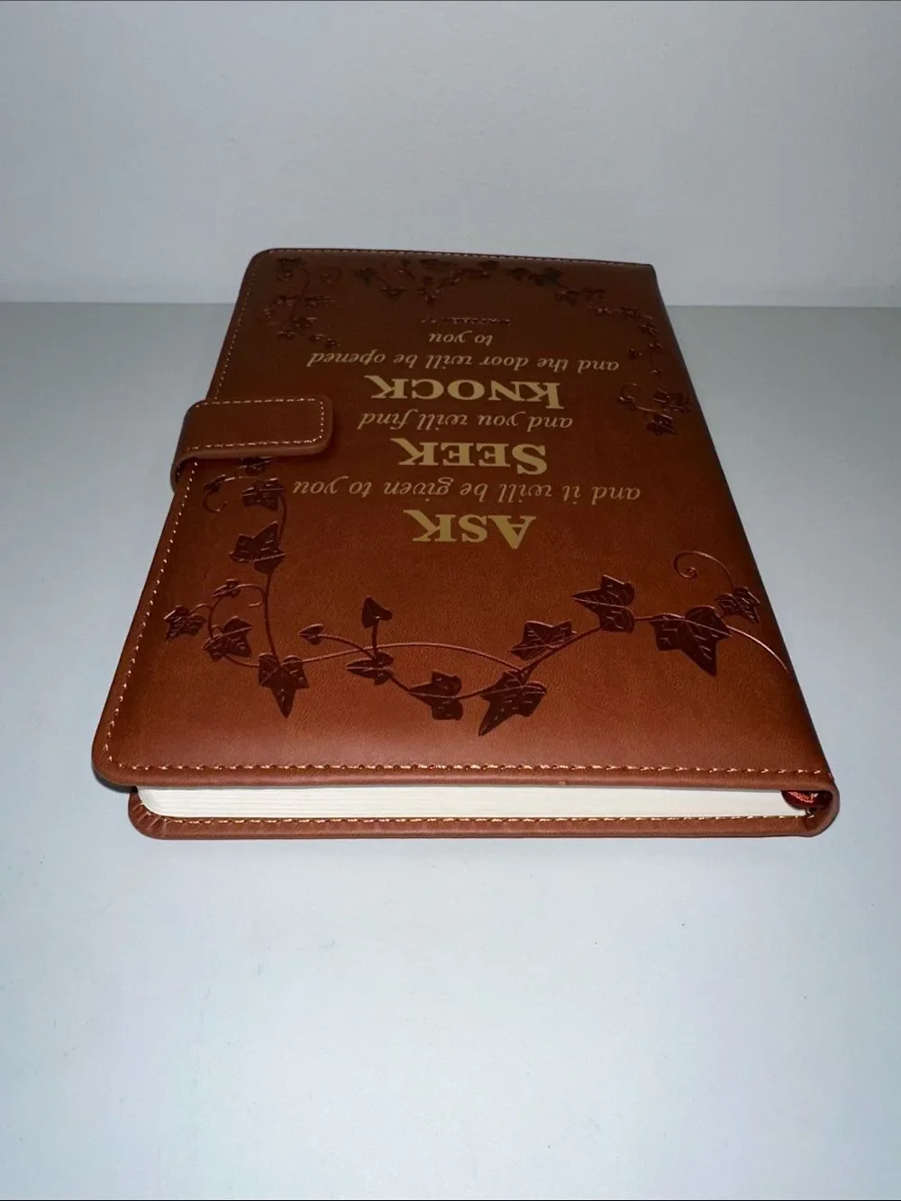 Chestnut Brown Gold Tone Bible Verse Faux Leather Bound Padded Cover Journal